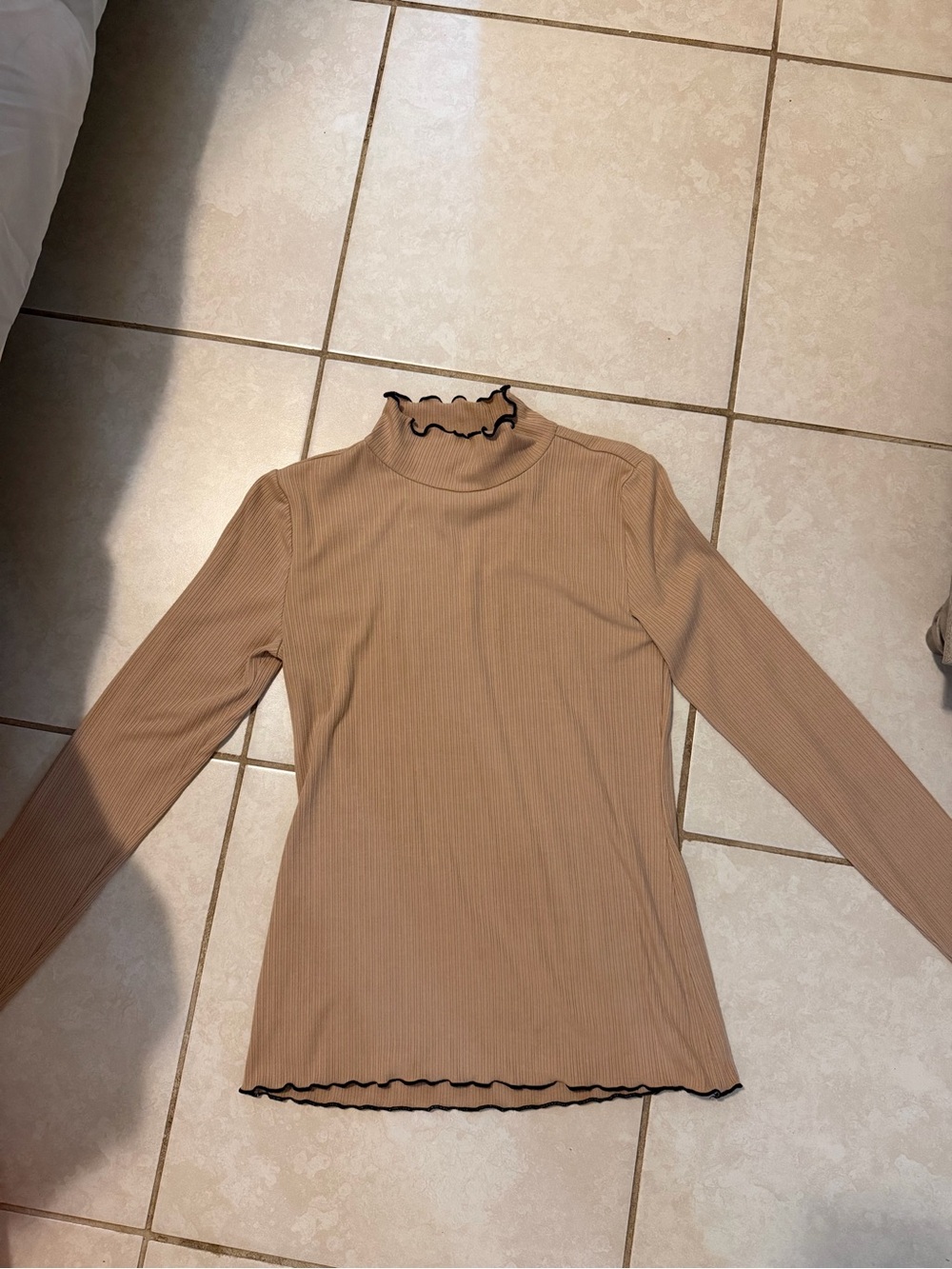 Ann Taylor Camel Ribbed Mock Neck Top with Black Trim